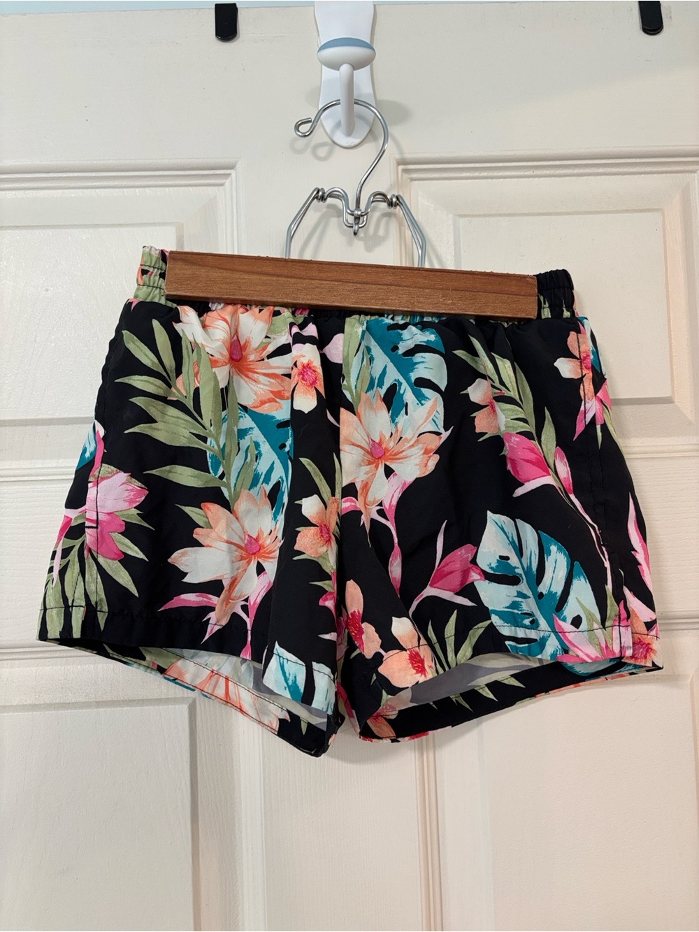 Old Navy Black Tropical Floral Athletic Shorts with Pink & Teal Accents